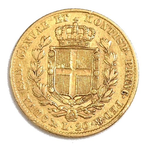 385 - 1832 Italy, Kingdom of Sardinia, King Charles Albert gold 20 Lire (KM 131). Obverse: left facing bus... 