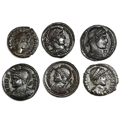 46 - Group of six (6) c350 AD Constantinian bronzes, all AE3, from the Nether Compton Hoard. Includes (1)... 
