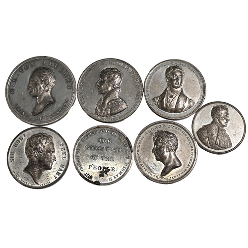 512 - Group of seven (7) early 19th century British white metal political and royal medals. Includes (1) 1... 