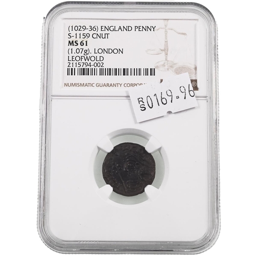 61 - 1029-1036 King Cnut London mint hammered silver Penny graded MS 61 by NGC (S 1159, BMC XVI, North 79... 