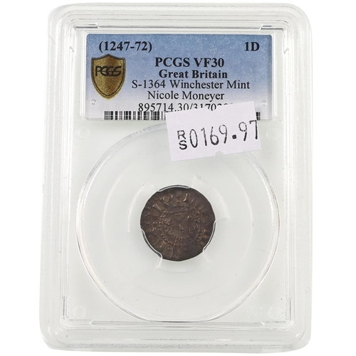 67 - 1248-1250 Henry III voided long cross Winchester mint Penny graded VF30 by PCGS (S 1364). Obverse: c... 