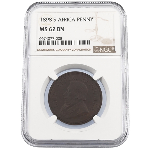 387 - 1898 South African Republic bronze Penny coin graded MS 62 BN by NGC (KM  2, Hern Z1-4). Obverse: Ot... 