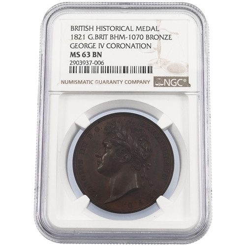 460 - 1821 official bronze King George IV coronation medal graded MS 63 BN by NGC (Eimer 1146, BHM 1070). ... 