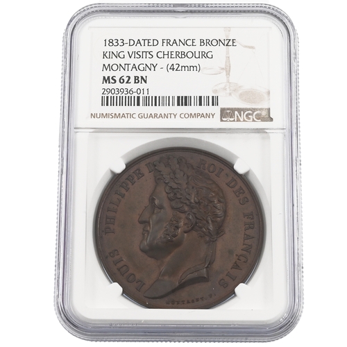 471 - 1833-dated French bronze medal graded MS 62 BN: Louis Philippe I's visit to Cherbourg. Obverse: laur... 