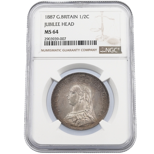 176 - 1887 Queen Victoria Golden Jubilee year silver Halfcrown graded MS 64 by NGC (S 3924). Obverse: crow... 