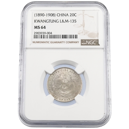 351 - 1890-1908 Republic of China Kwangtung Province silver undated 20 Cents graded MS 64 by NGC (L&M 135)... 