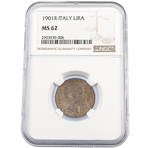 375 - 1901-R Italy King Victor Emmanuel III silver Lira coin graded MS 62 by NGC (KM 32). Obverse: right-f... 