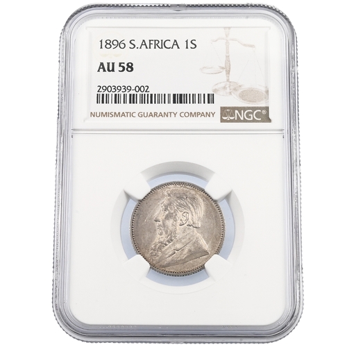 386 - 1896 South African Republic silver Shilling graded AU 58 by NGC ( KM 5, Hern Z17-22). Obverse: left-... 