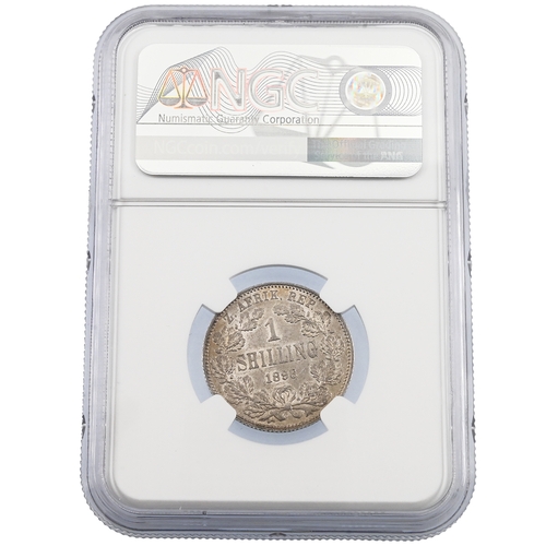 386 - 1896 South African Republic silver Shilling graded AU 58 by NGC ( KM 5, Hern Z17-22). Obverse: left-... 