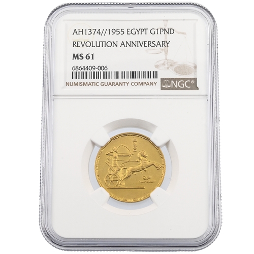 364 - 1955 (1374) Egypt gold Revolutionary Anniversary Pound coin graded MS 61 by NGC (KM 387). Obverse: v... 