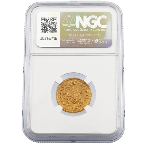 49 - 393-423 AD Western Roman Empire, Honorius gold Solidus graded Ch AU by NGC. Obverse: draped and cuir... 