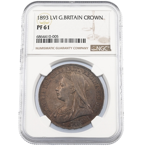 166 - 1893 Queen Victoria Veiled Head silver Crown with LVI edge, graded PF 61 by NGC (S 3937). Obverse: f... 