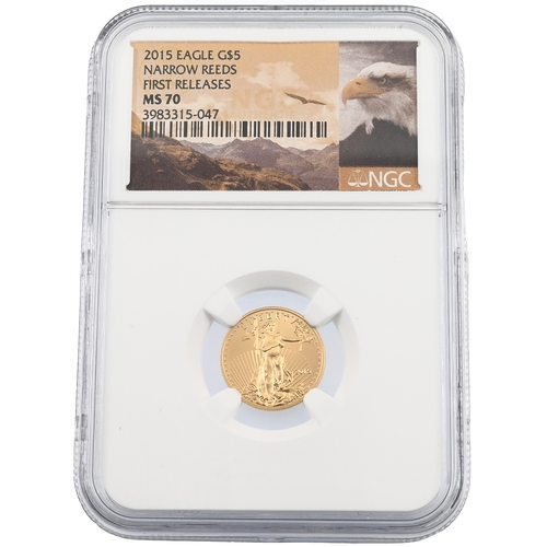 405 - 2015 USA narrow reeds error $5 gold Eagle 1/10oz coin graded MS 70 First Releases by NGC. Obverse: A... 