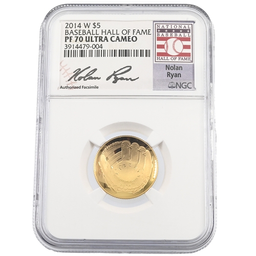 404 - 2014 W United States Baseball Hall of Fame gold $5 Nolan Ryan label PF 70 Ultra Cameo NGC graded coi... 