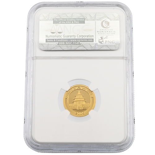 358 - 2000 China gold 10 Yuan 1/10oz Shenyang Mint Panda coin with frosted ring graded MS 70 by NGC. Obver... 