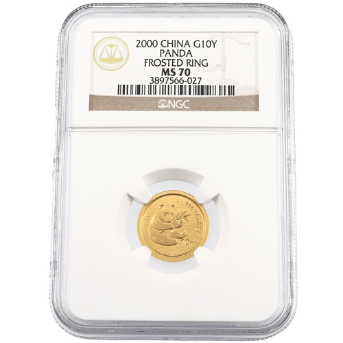 358 - 2000 China gold 10 Yuan 1/10oz Shenyang Mint Panda coin with frosted ring graded MS 70 by NGC. Obver... 