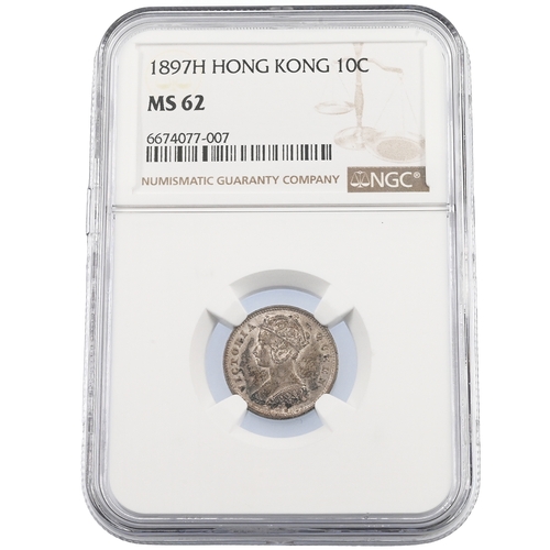 368 - 1897 H Queen Victoria Hong Kong silver 10¢ Heaton Mint coin graded MS 62 by NGC (KM 6). Obverse: cro... 