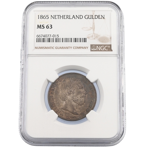 377 - 1865 Netherlands King William III silver 1 Gulden coin graded MS 63 by NGC (KM 93). Obverse: head of... 