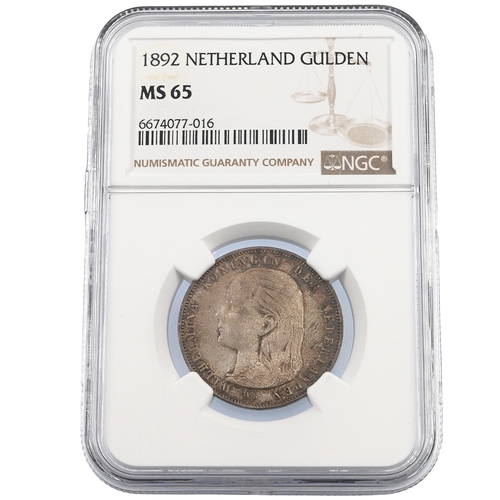 378 - 1892 Netherlands Queen Wilhelmina silver 1 Gulden coin graded MS 65 by NGC (KM 117). Obverse: first ... 