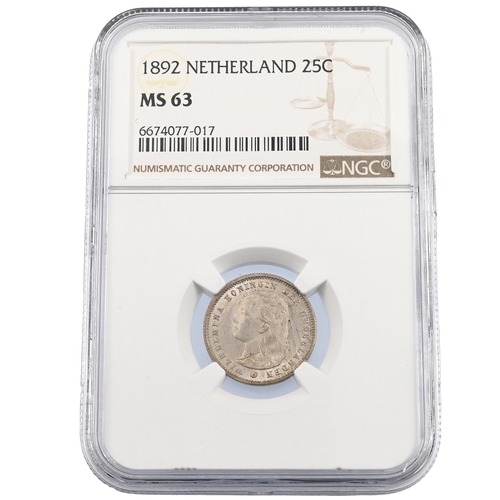 379 - 1892 Netherlands Queen Wilhelmina silver 25 Cents coin graded MS 63 by NGC (KM 115). Obverse: first ... 