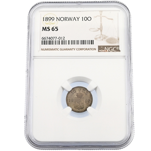 380 - 1899 Norway King Oscar II 10 Øre circulation coin graded MS 65 by NGC (KM 350). Obverse: crowned mon... 