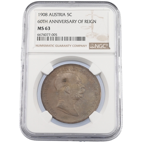 347 - 1908 Austria silver Five Corona 60th Anniversary of Franz Joseph I's reign graded MS 63 by NGC (KM 2... 