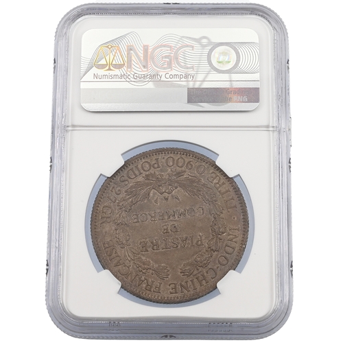 361 - 1900A French Indochina 1 Piastre silver Paris Mint coin graded AU 58 by NGC. Obverse: seated figure ... 