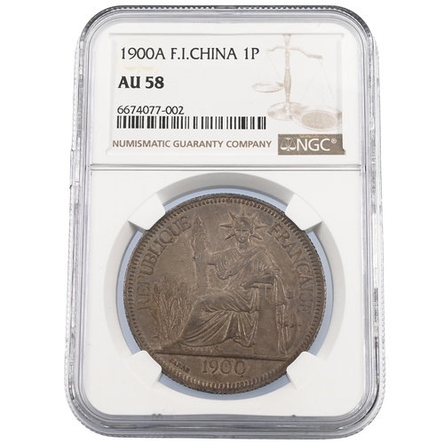 361 - 1900A French Indochina 1 Piastre silver Paris Mint coin graded AU 58 by NGC. Obverse: seated figure ... 