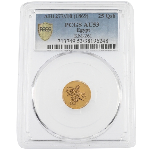 363 - 1869 Egypt gold 25 Qirsh of Abdülaziz, (1867-1876) regnal year 10, graded AU53 bu PCGS (KM 261). Obv... 