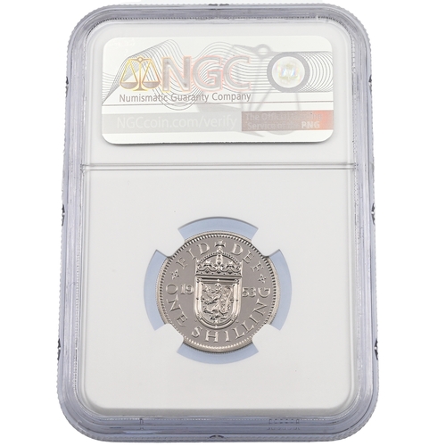 195 - 1953 Queen Elizabeth II proof Scottish Shilling graded PF 67 Cameo by NGC (S 4140). Obverse: Mary Gi... 