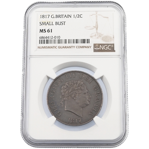 172 - 1817 King George III silver 'Small Bust' GB Half Crown graded MS 61 by NGC (S 3789). Obverse: small ... 
