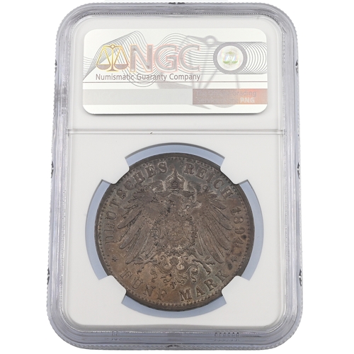 367 - 1894-J Hamburg, German States silver Five Marks coin graded AU 58 by NGC (KM  610). Obverse: arms of... 