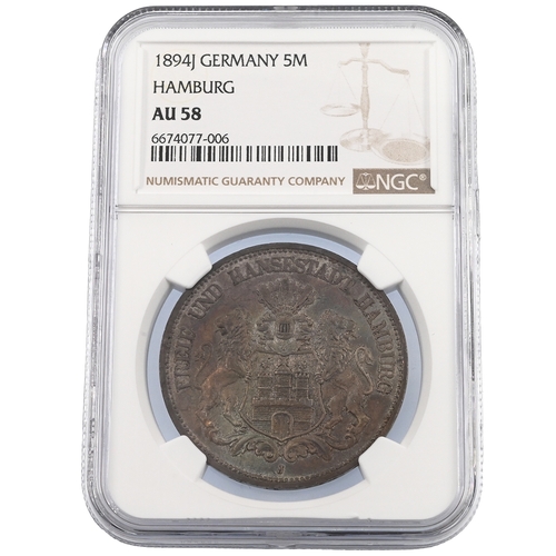 367 - 1894-J Hamburg, German States silver Five Marks coin graded AU 58 by NGC (KM  610). Obverse: arms of... 