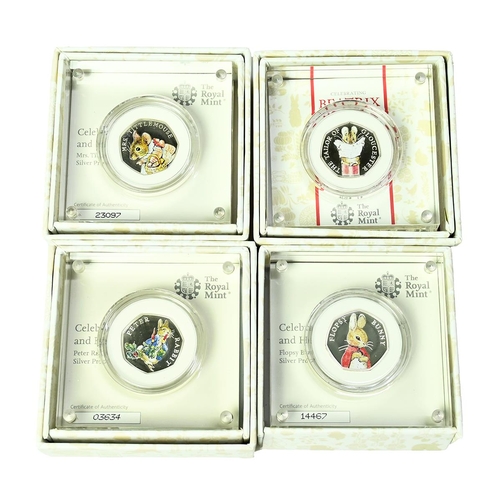 103 - Group of four (4) 2018 Royal Mint Beatrix Potter silver proof 50p coins in original packaging and co... 
