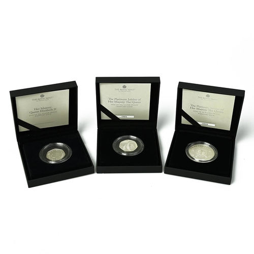 105 - Group of three (3) 2022 Platinum Jubilee and Memorial silver proof piedfort coins in Royal Mint pack... 