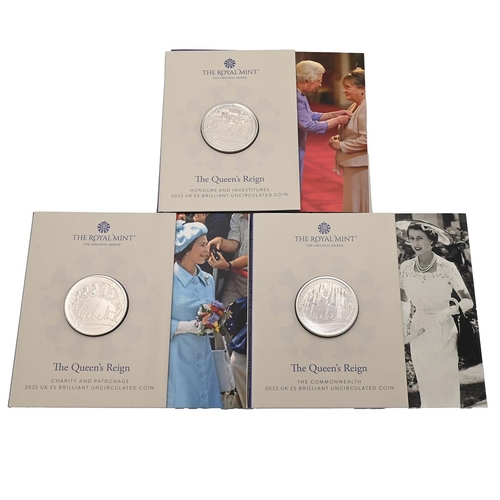 111 - Group of three (3) Royal Mint 2022 Queen's Reign collection £5 brilliant uncirculated coins. Include... 