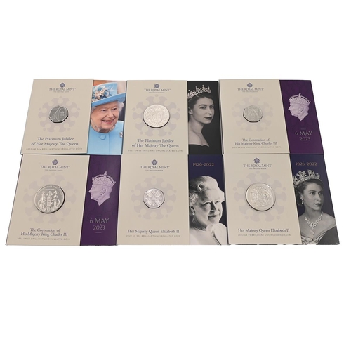 113 - Group of six (6) Royal Mint 50p and £5 brilliant uncirculated Jubilee, Memorial and Coronation coins... 