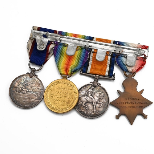 163 - WW1 Military medals on bar- 1914 with bar and two roses, Defence, Victory & Fleet Reserve Long Servi... 