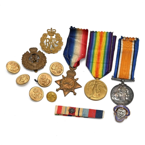 167 - WW1 Military Medal grp and badges. Comprising 1914-15 star, Defence & Victory Medals. Presented to P... 