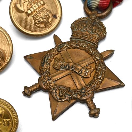 167 - WW1 Military Medal grp and badges. Comprising 1914-15 star, Defence & Victory Medals. Presented to P... 