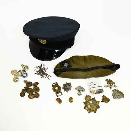 177 - Collection of military badges, buttons, along with a R.A.F cap and a Yorkshire beret 
