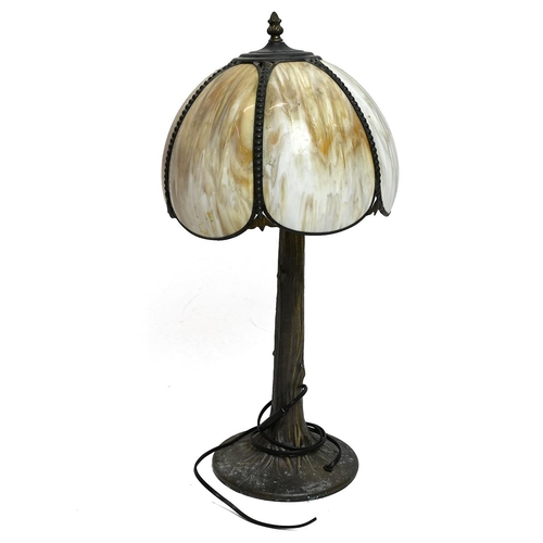 183 - Two 20th century Tiffany style lamps, one with a metal base modelled as a tree trunk with a marbelle... 