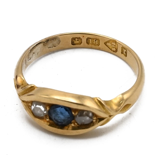 19 - A Victorian 18ct gold, diamond and sapphire three stone ring, finger size K, Chester 1880, 3.25, cas... 