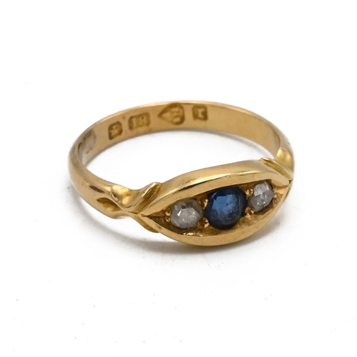 19 - A Victorian 18ct gold, diamond and sapphire three stone ring, finger size K, Chester 1880, 3.25, cas... 