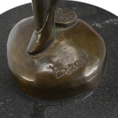 191 - After Bruno Zach - an Art Deco stye bronze figure of a leaping dancer mounted on a conical form red ... 