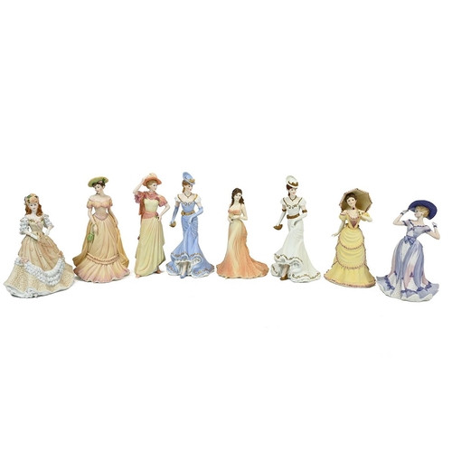 217 - A collection of 8 Bisque ware figurines including 3 x Coalport Age of Elegance, 3 x The Welsh Porcel... 