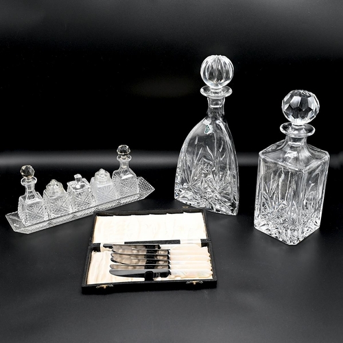 275 - Mid 20th Century cut glass condiment set comprising oil and vinegar bottles, salt and pepper pots an... 