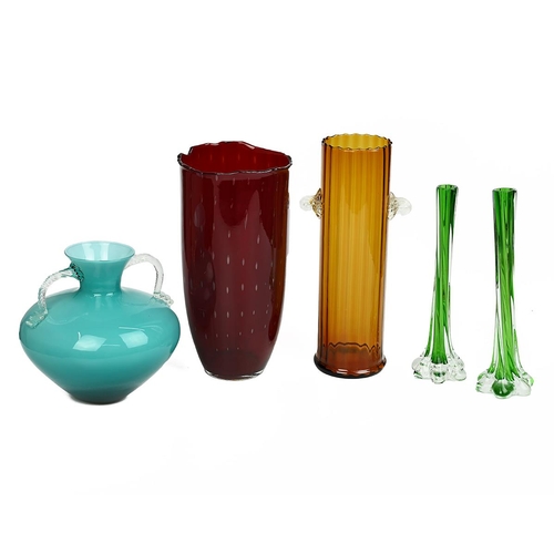 279 - A collection of mid 20th Century coloured glass vases to include: a Venetian style pale blue two han... 