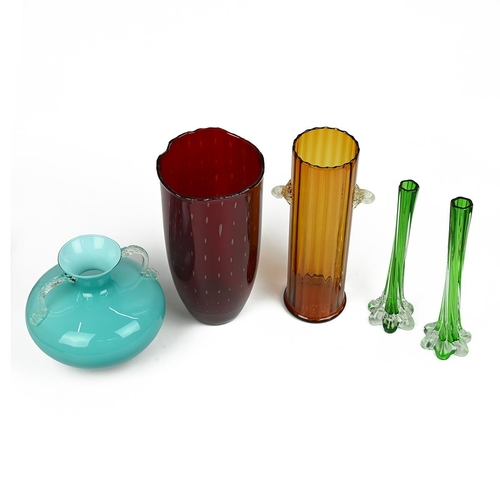 279 - A collection of mid 20th Century coloured glass vases to include: a Venetian style pale blue two han... 