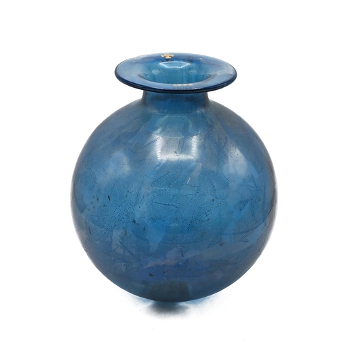 283 - An Isle of Wight spherical glass vase with flared rim marked with a cross and 1992, blue ground with... 